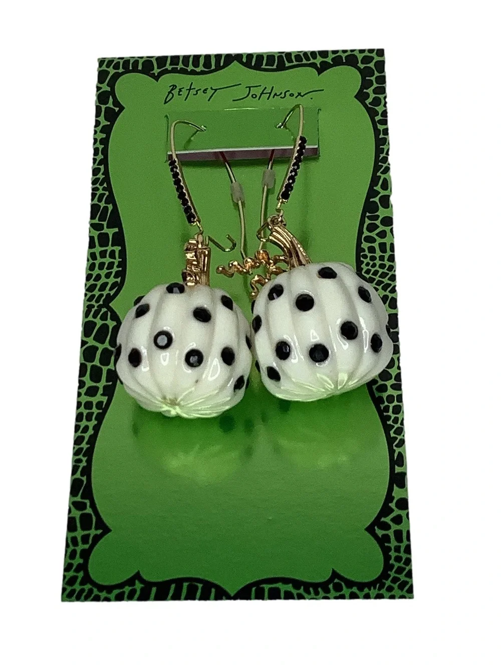 Betsey Johnson Fall White Pumpkin Black Polka Dot Drop Earrings New
